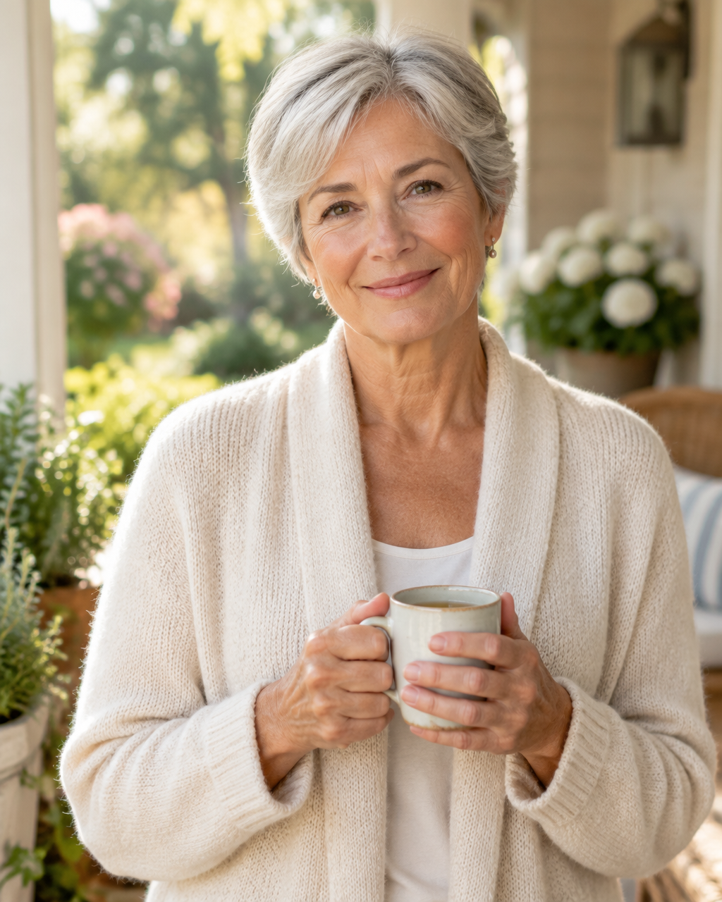 A woman in her sixties with short silver hair smiling gently while holding a warm mug on a sunlit porch