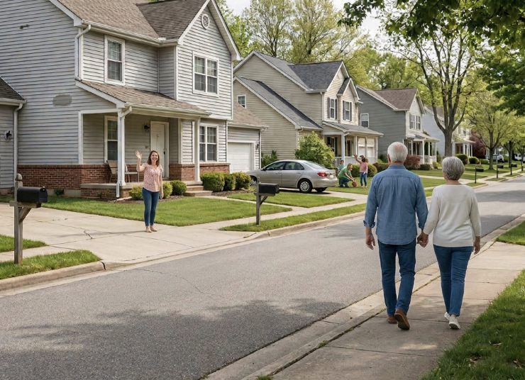 A neighbor waving from her front yard as an older couple walks hand in hand down a sunny suburban street