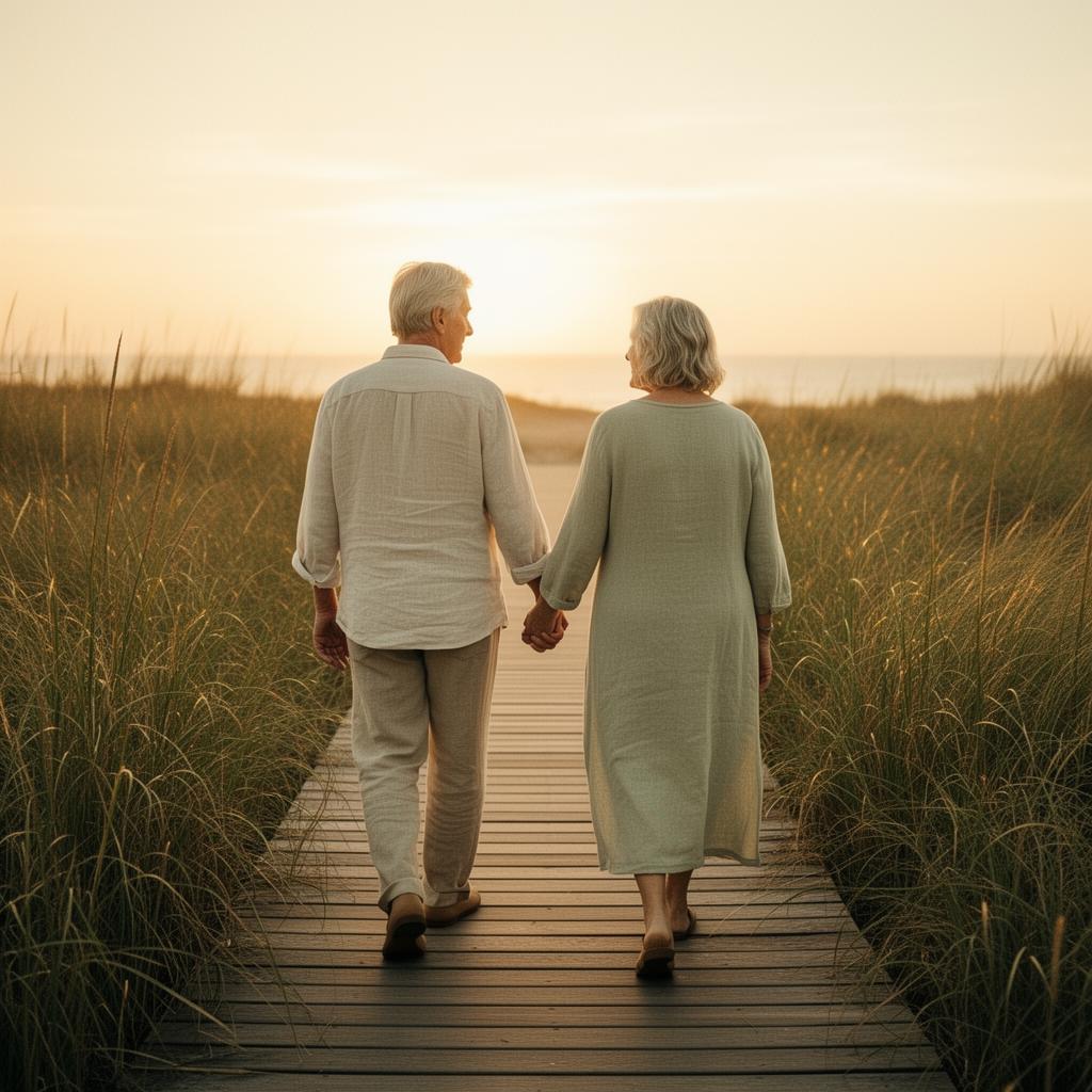 A couple walking hand in hand toward the sunrise