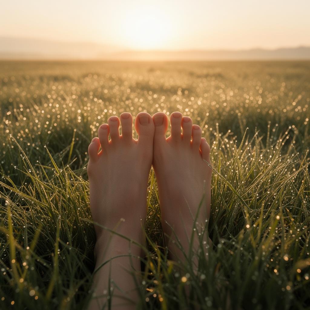 Bare feet in dewy grass at sunrise — sensation, comfort, presence